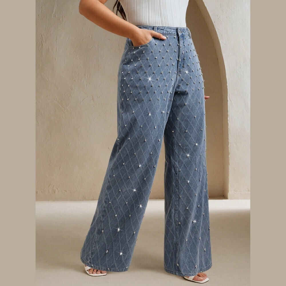 Blue Denim Rhinestone Wide Leg Jeans